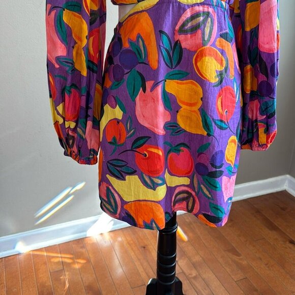 FARM Rio Long-Sleeve Poplin Colorful Open Back Puff Sleeve Mini Dress Size M NWT - Picture 12 of 14